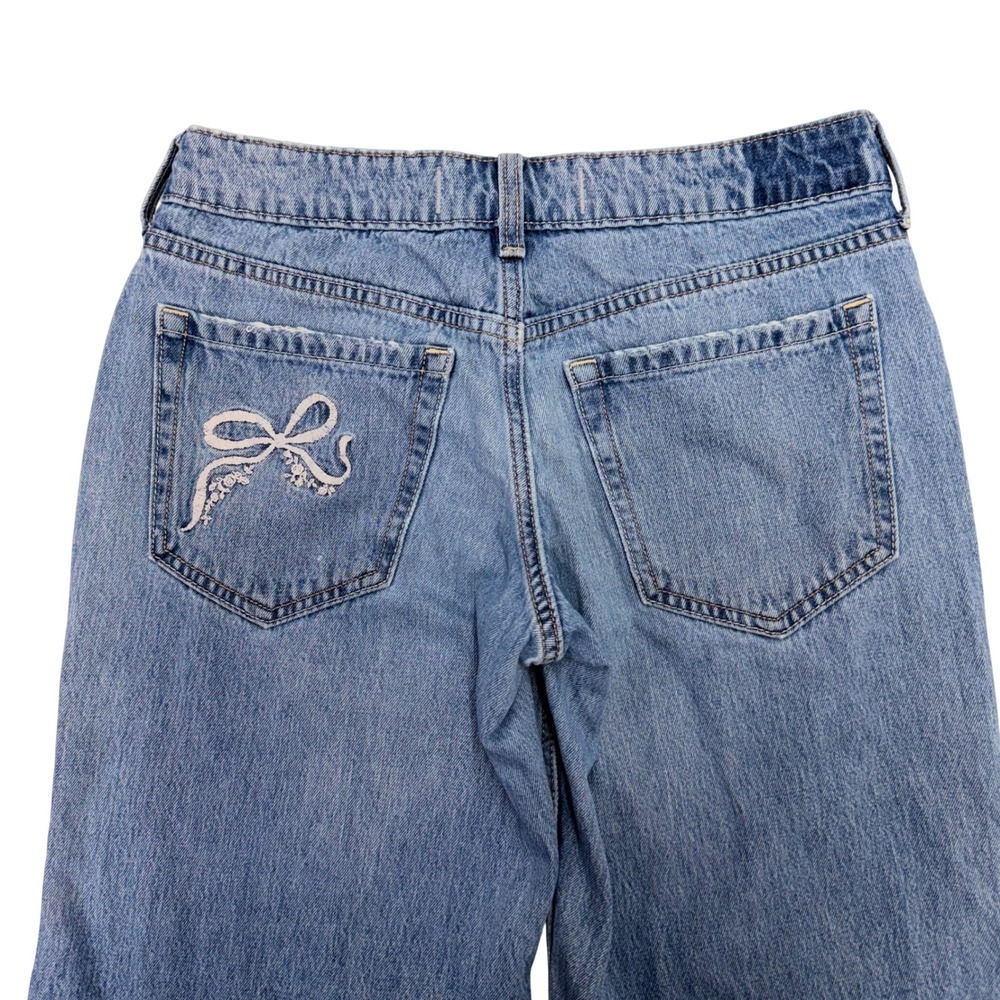 Hollister Embroidered Bow Low-Rise Baggy Jeans Medium Wash 2R W26 Y2K Coquette - Picture 12 of 16